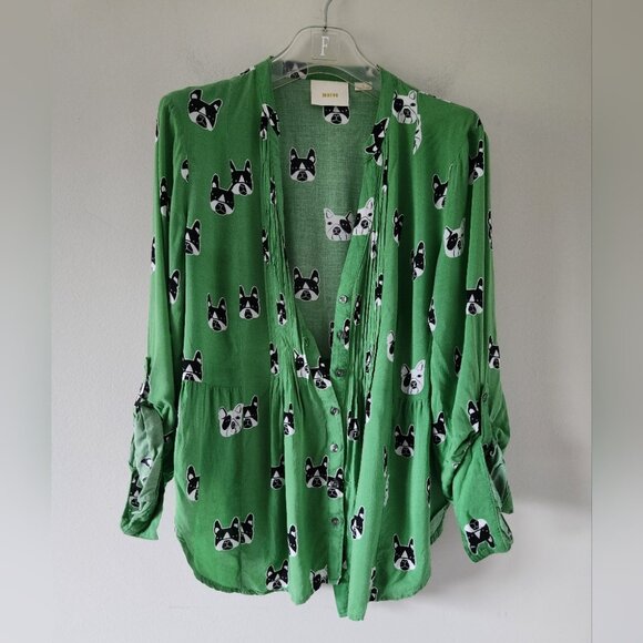 *SOLD* ANTHRO | Maeve French bulldog blouse green sz 8 - Picture 3 of 6